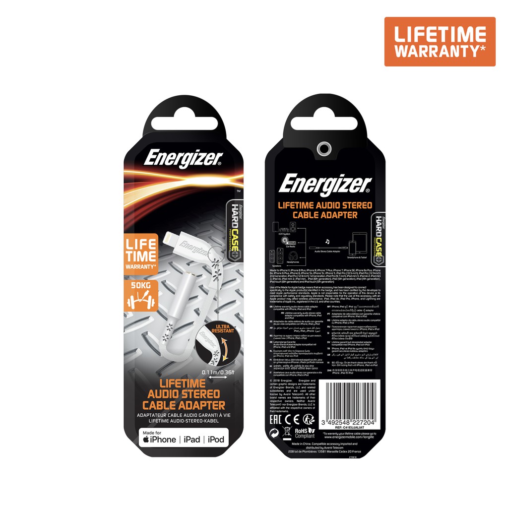 Cáp Lightning LW Audio ADAPTER Energizer màu trắng - C41EUJALIAT