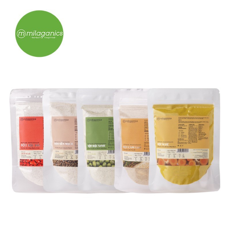 Combo siêu trắng da Milaganics Cám gạo 100g & Yến mạch 100g & Đậu đỏ 100g & Bột nghệ 100g & Bột đậu xanh 100g