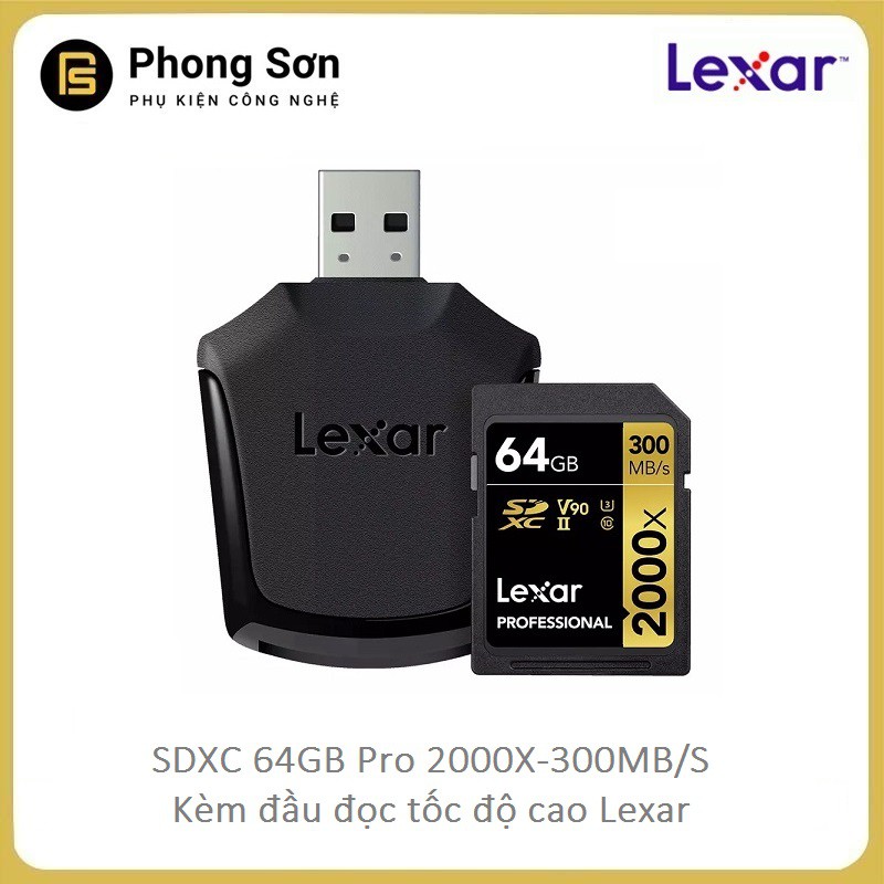 Thẻ Nhớ SDXC 64GB Pro 2000x 300mb/S Lexar, kèm đầu đọc Tốc độ cao ( Dành Cho Máy Ảnh Chuyên Nghiệp )