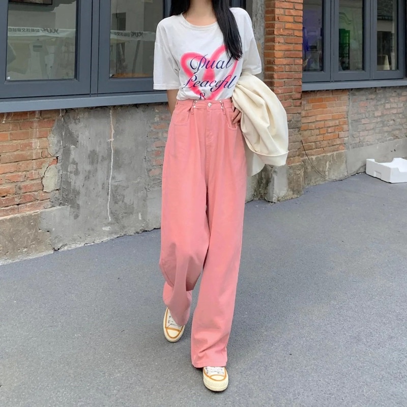 Quần Jeans Nam Nữ Unisex Cạp Khuy Gài Eo Màu Hồng Xanh Đen Trắng Cạp Lưng Cao Ống Suông Dáng Rộng Phong Cách Ulzzang