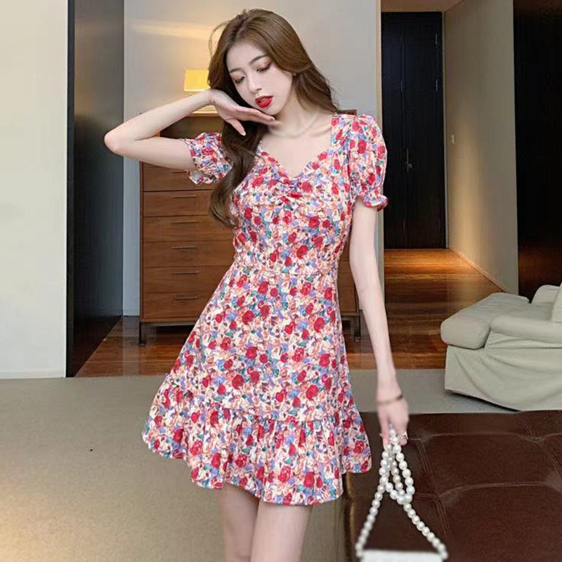 Váy body Tay Ngắn Cổ Vuông In Họa Tiết Hoa Quyến Rũ Phong Cách Hàn Quốc Dành Cho Nữ