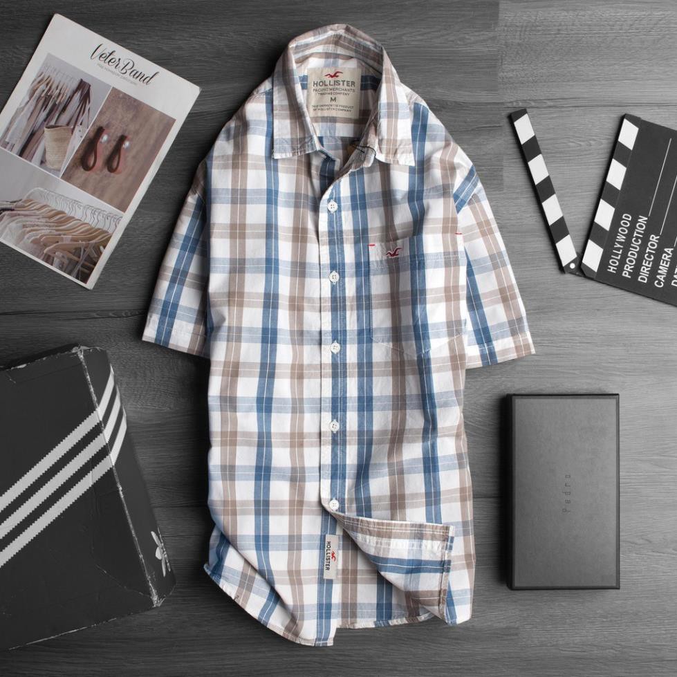 Áo sơ mi caro nam tay ngắn Kẻ Xanh Biển Cà Phê - Hollister America Cao Cấp - Đằng Cấp Hàng Hiệu , '