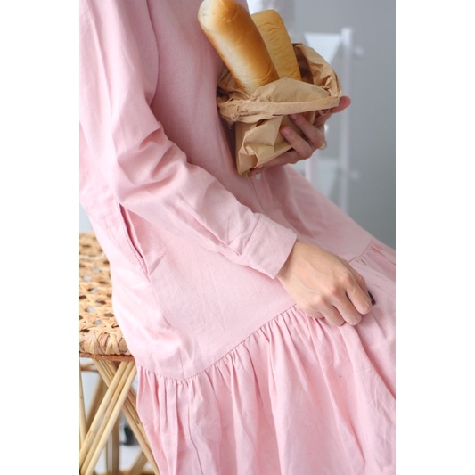 Đầm sơ mi linen babydoll trắng/hồng