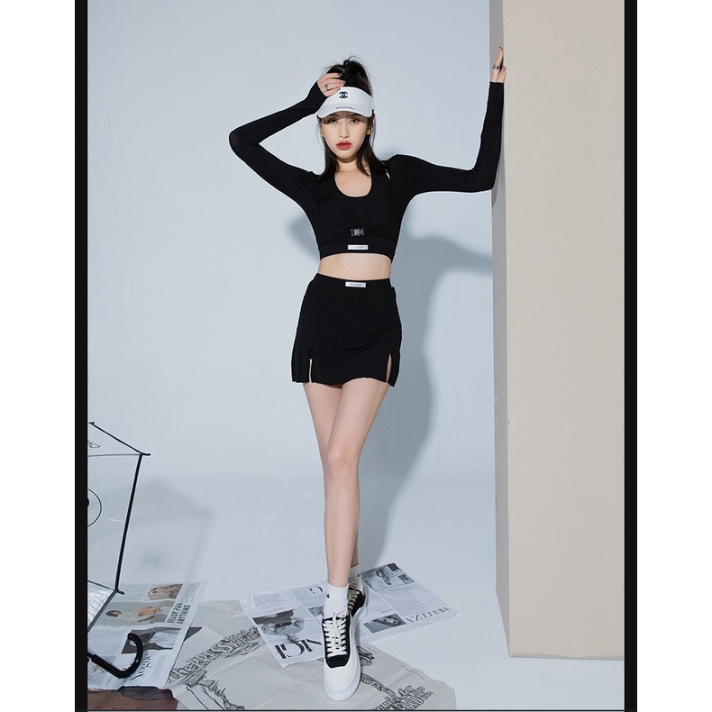 (Size bé) Bộ bơi 3 mảnh phong cách Hàn Quốc tay dài chống nắng, chân váy kèm quần trong, áo croptop, bikini