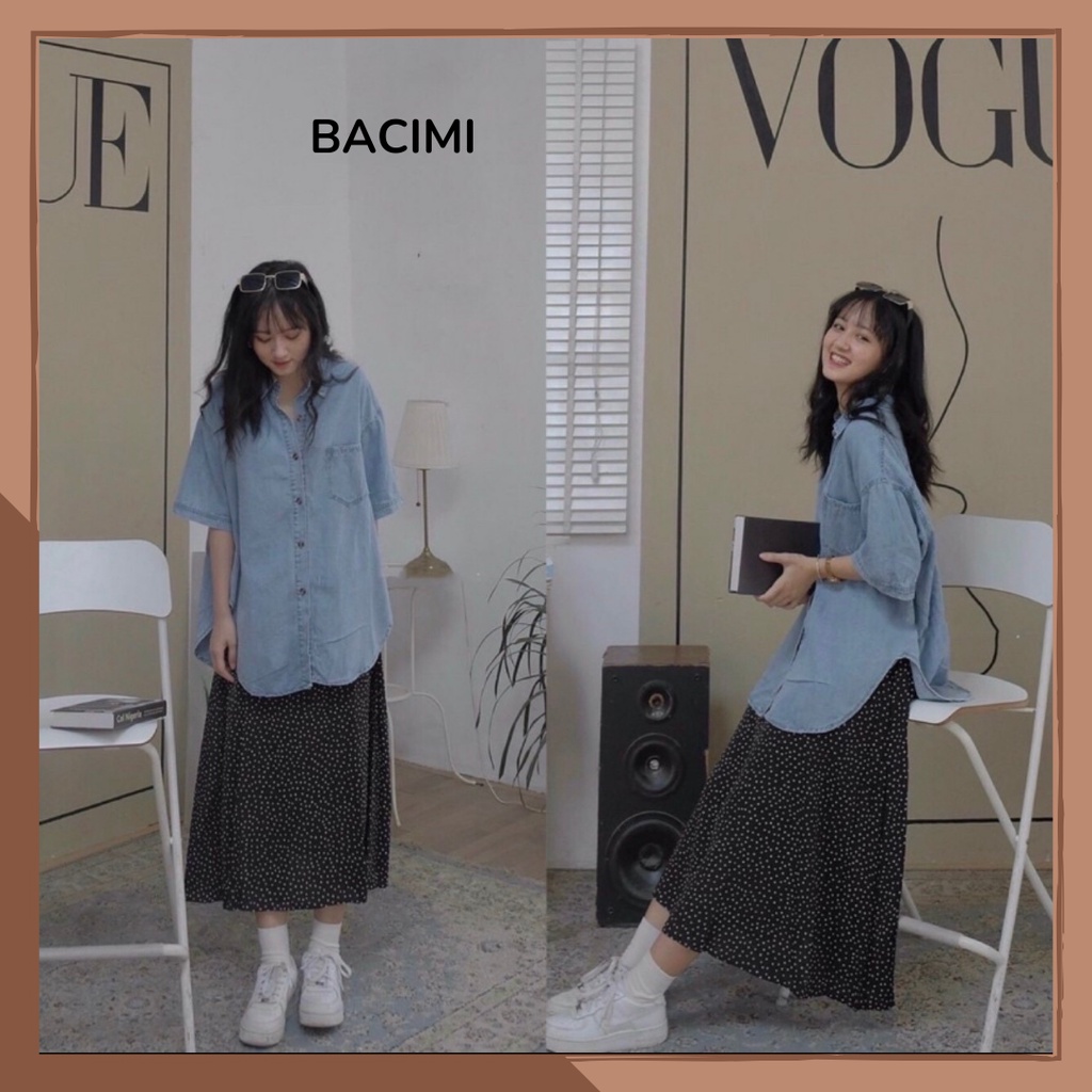 Áo Sơmi Denim Bò Trơn Dáng Thụng Trẻ Trung, Cá Tính, phong cách Hàn Quốc BACIMI
