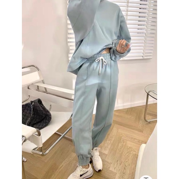 Set Nỉ Trơn Vạt Lệch Nữ [FREESHIP]  Bộ đồ sweater form rộng, quần ống boom kèm áo raplan màu Xanh Ulzzang