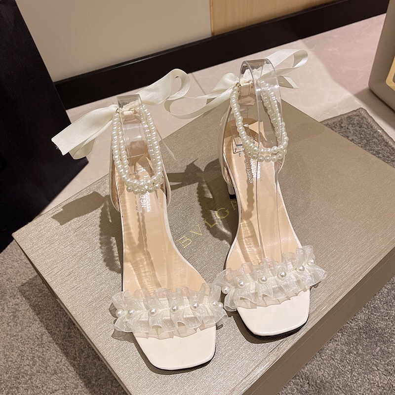 Giày sandal nữ 7cm quai bèo đính hạt ngọc xinh xắn mã S77