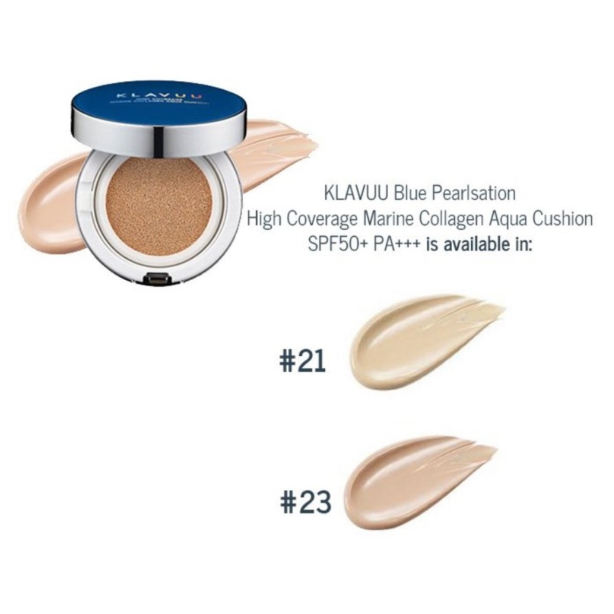Phấn nước Klavuu Blue Pearlsation High Coverage Marine Collagen Aqua Cushion giúp da ẩm mịn