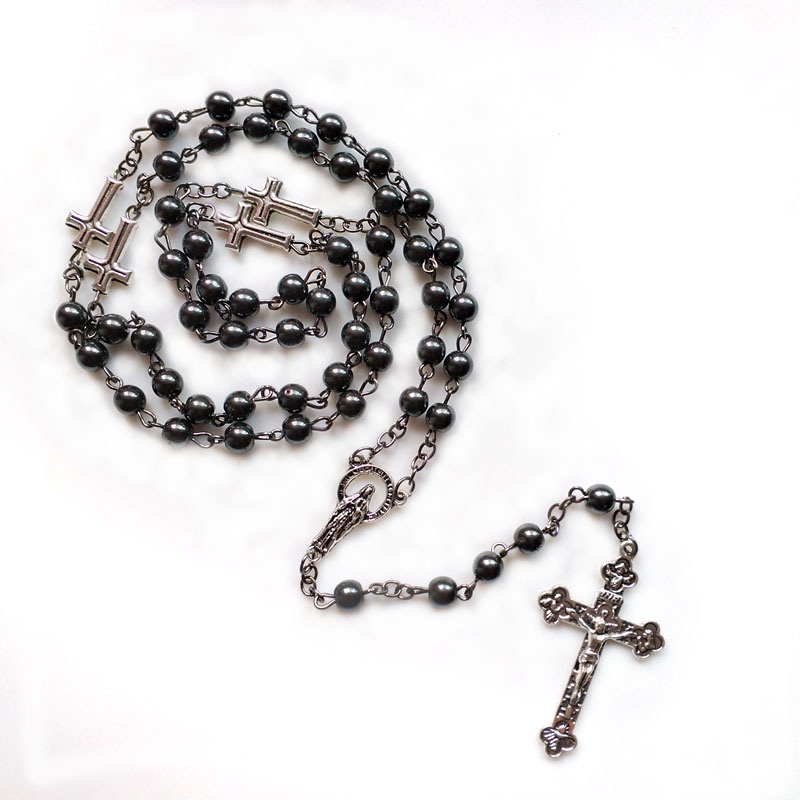 Vòng cổ Chuỗi Hạt Đá Hematite Đen Mặt Thánh Giá
