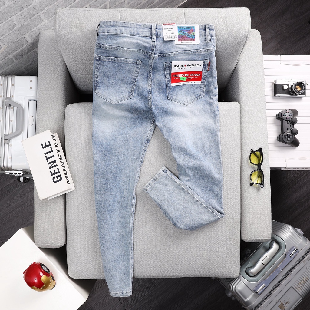 Quần jean nam màu xanh rách gối dáng ôm chất vải cao cấp co giãn không bay màu