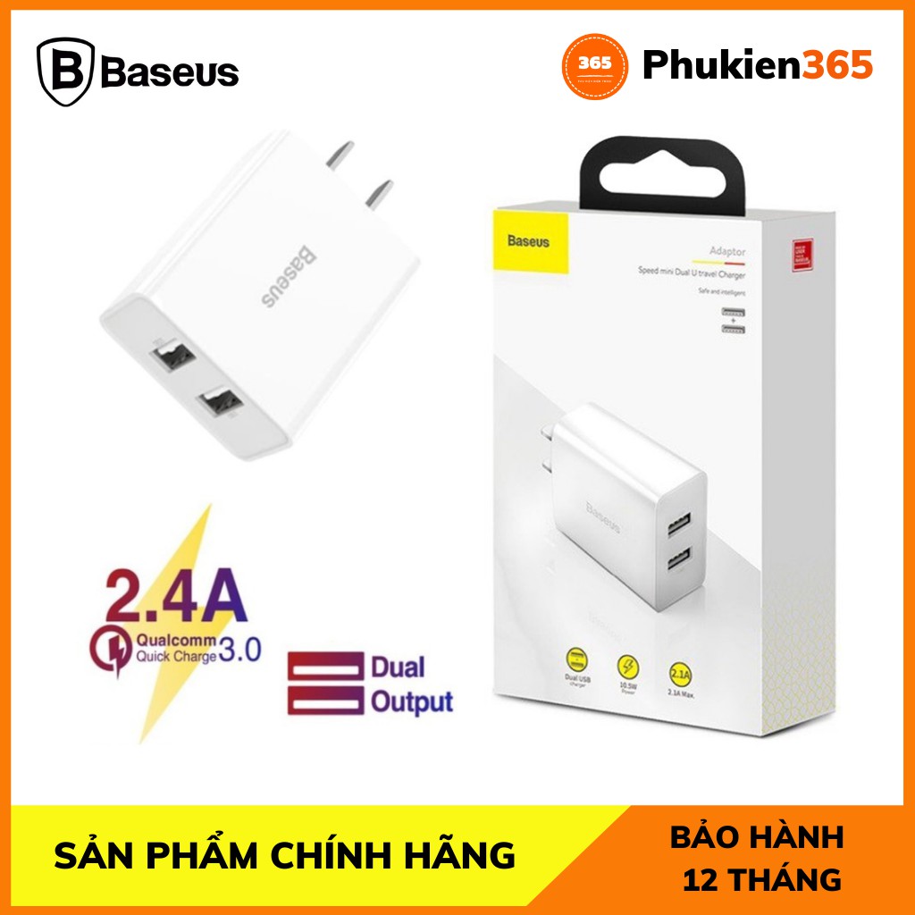 Củ sạc nhanh Baseus 2 cổng USB 10.5W 5V 2A cho iPhone Samsung Oppo Xiaomi