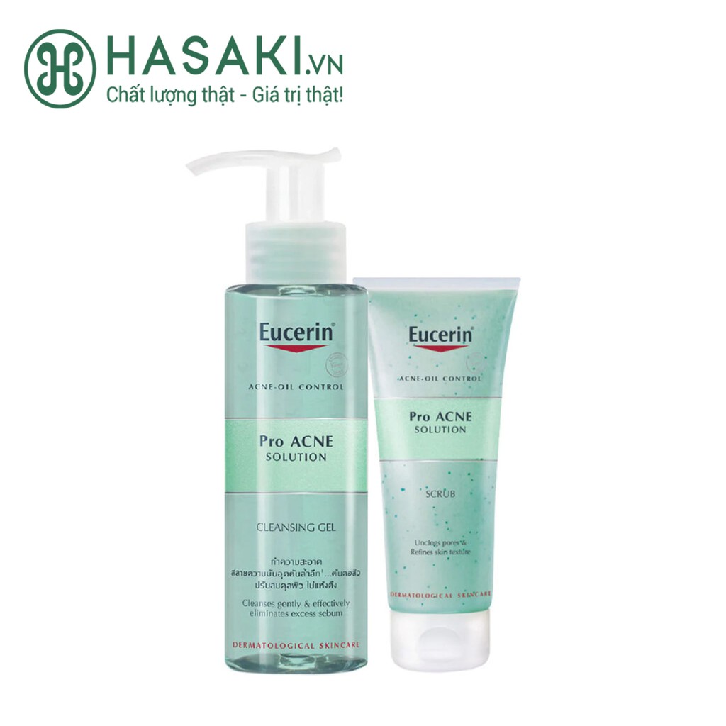 Combo Eucerin Gel Rửa Mặt &amp; Tẩy Tế Bào Chết Sạch Sâu Pro ACNE Solution Cleansing Gel + Pro ACNE Solution Scrub 100 200ml