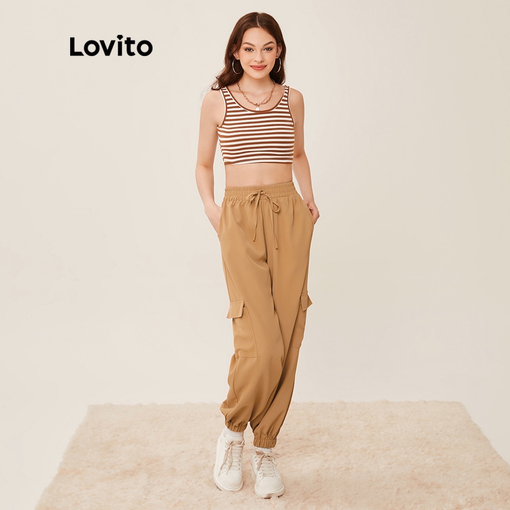 Lovito Quần Dài Ống Rộng Phối Dây Rút L20D360