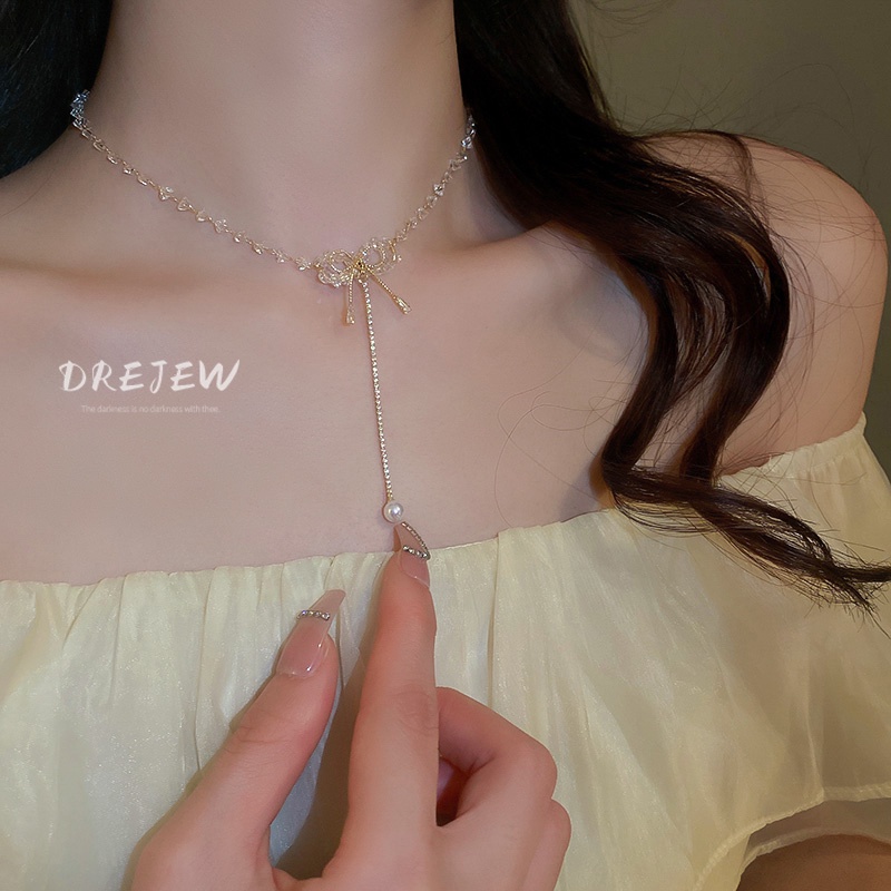 DREJEW Dây Chuyền Mạ Vàng Mặt Hình Nơ Đính Đá Zircon Thời Trang