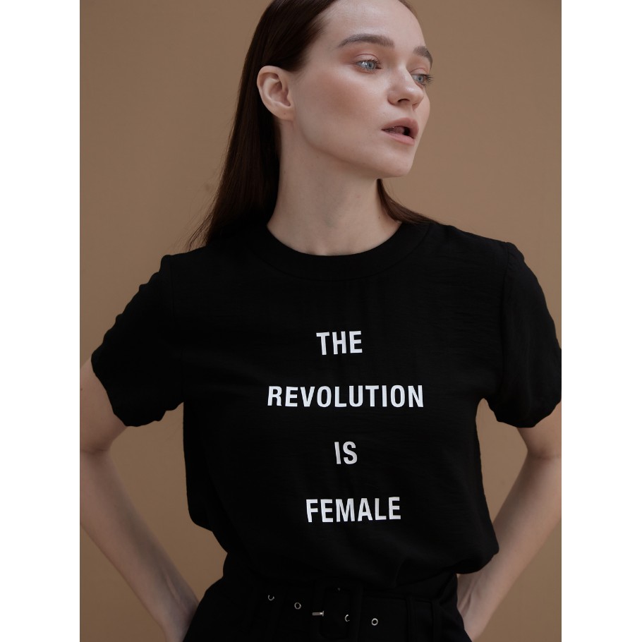 COCO SIN - Áo Lụa In Logo Đen The Revolution Cổ Tròn