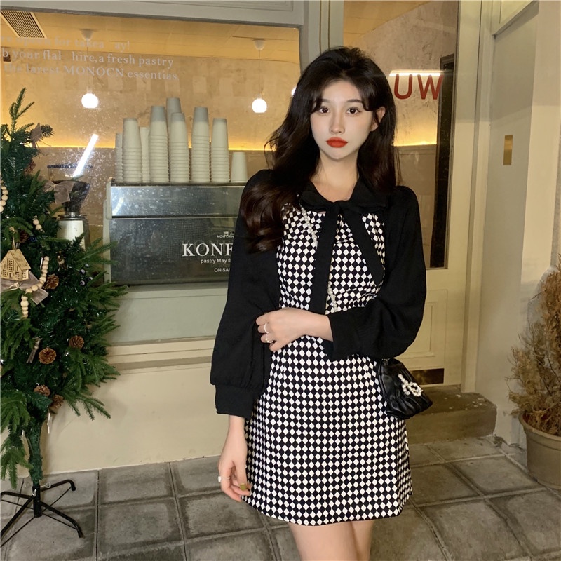 Đầm Perty dáng ôm in sọc caro phong cách Hàn Quốc thời trang mùa thu dành cho nữ