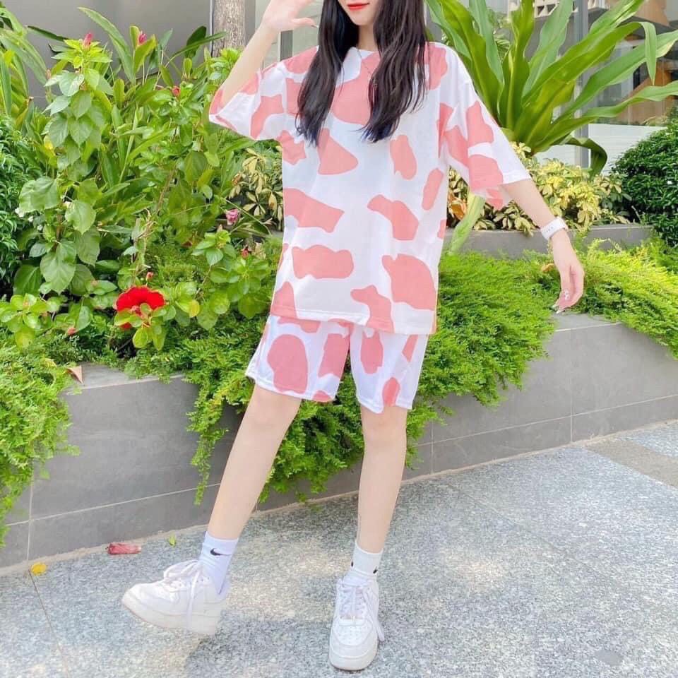 Set quần sooc đùi áo thun cộc tay bò sữa dáng rộng unisex/ Bộ đùi nữ mặc nhà thời trang hàn quốc_ranstore | BigBuy360 - bigbuy360.vn