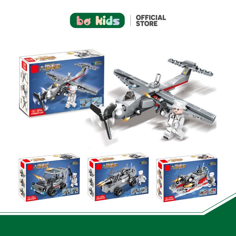 Đồ chơi xếp hình Lego Minifigures quân sự Tàu chiến, Máy bay, xe Jeep 4 in 1 chất liệu an toàn cho bé