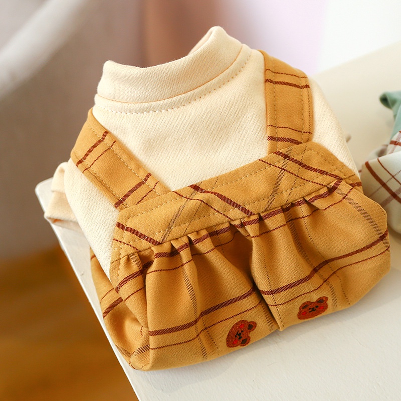 Quần Áo Chó Mèo-Bộ Liền 4 Chân Caro Thêu Gấu