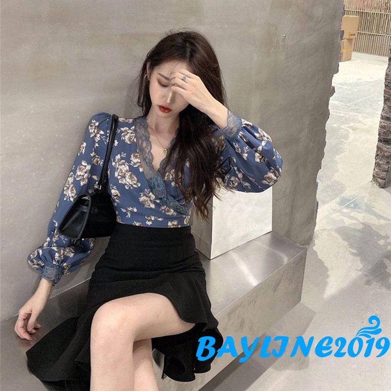 Áo Kiểu Nữ Dài Tay Cổ Chữ V In Hoa Xinh Xắn Hợp Thời Trang