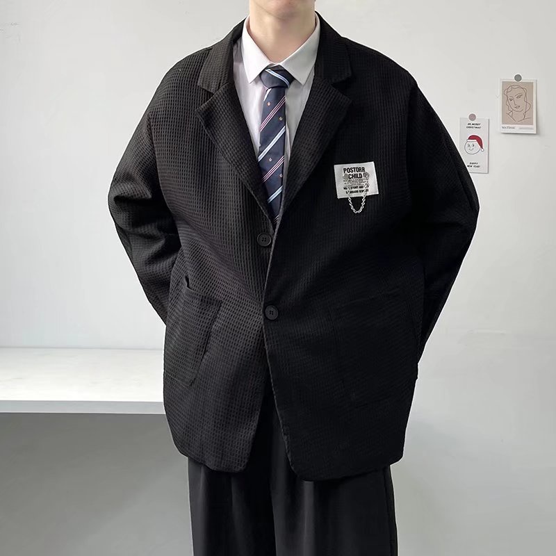 ♞AFF LIGA♞ Áo khoác blazer tay dài dáng rộng 1 hàng nút có túi áo màu đen trắng trơn thời trang Hàn Quốc đơn giản cho nam