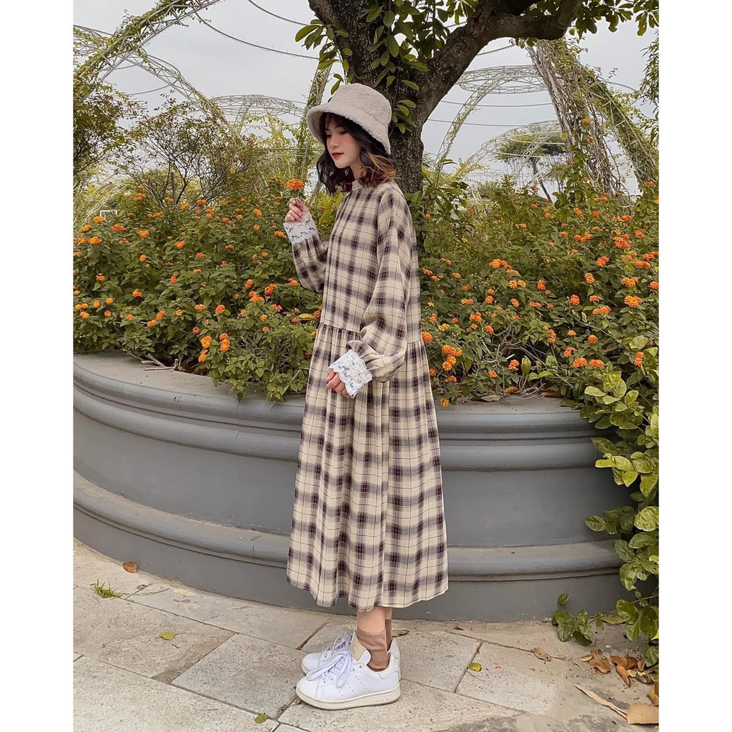 Đầm caro nữ phối ren dáng dài qua gối kiểu vintage tiểu thư xinh xắn/Váy babydoll dáng suông phom rộng hàn quốc_ranstore