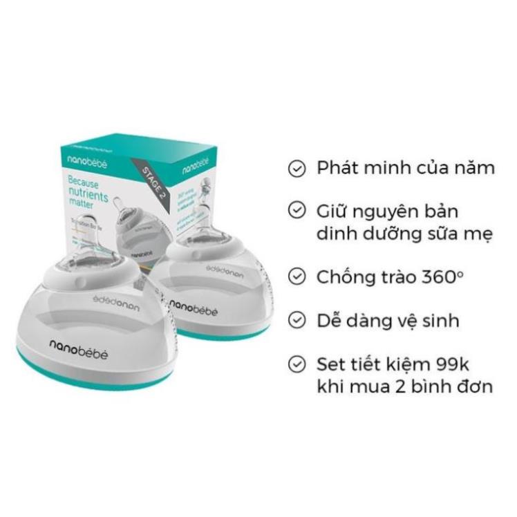 Bình sữa Nanobebe 240ml cổ rộng núm silicon không chưa BPA hình bầu ngực mẹ150ml/240ml ( set, đơn)