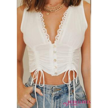 Áo crop top sát nách cổ V viền ren thiết kế dây rút thời trang cho nữ