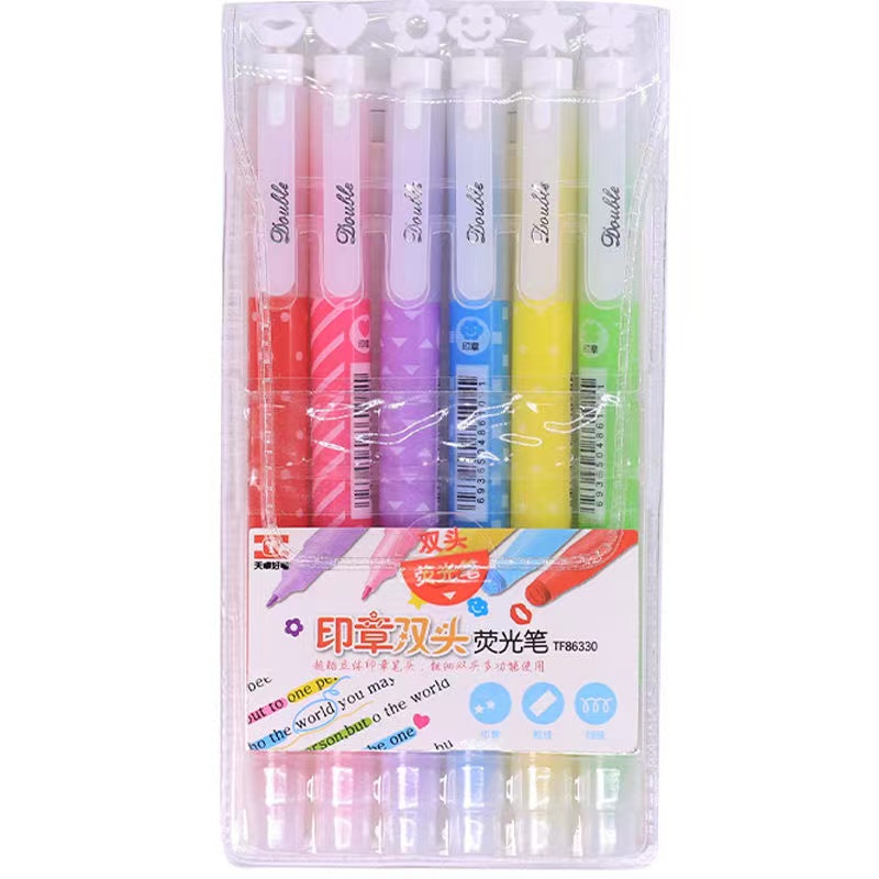 Bút dạ quang 6 màu highlight hai đầu pastel in hình dễ thương, bút đánh dấu nhớ dòng cute nhiều màu marker dễ thương