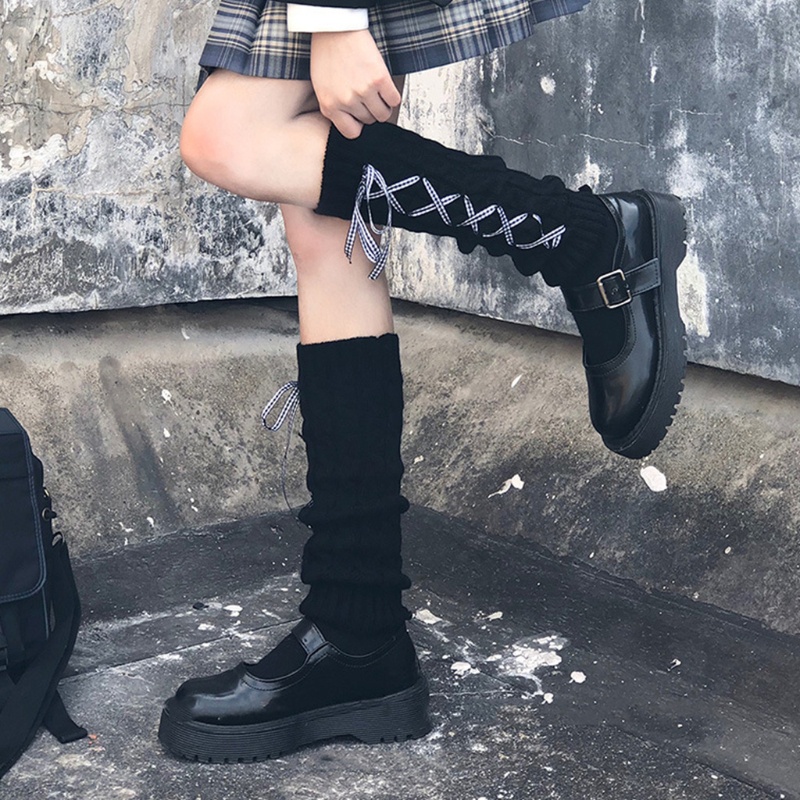 Vớ Dệt Kim Giữ Ấm Bắp Chân Sọc Caro Phối Ruy Băng Phong Cách Lolita Nhật Bản Cho Nữ