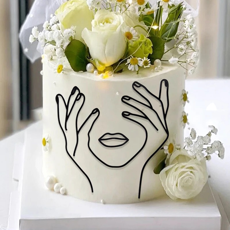 Acrylic Abstract Line Lady Face Cake Topper Happy Birthday Cake Decor Black Gold Minimalist Art Character DIY Girl Wedding Anniversary Party Supplies