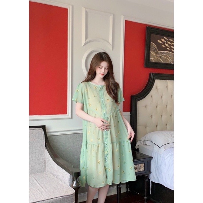 Đầm váy Bầu thiết kế ĐẸP RẺ, vải Voan 2 lớp tay bồng xinh xắn, FREESIZE mặc thoải mái suốt thai kì