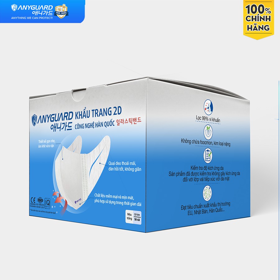 Hộp Khẩu Trang 2D ANYGUARD Hàn Quốc Lọc 99% Vi Khuẩn Quai Đeo Siêu Đàn Hồi - (Hộp 50 Chiếc) - Hàng Chính Hãng