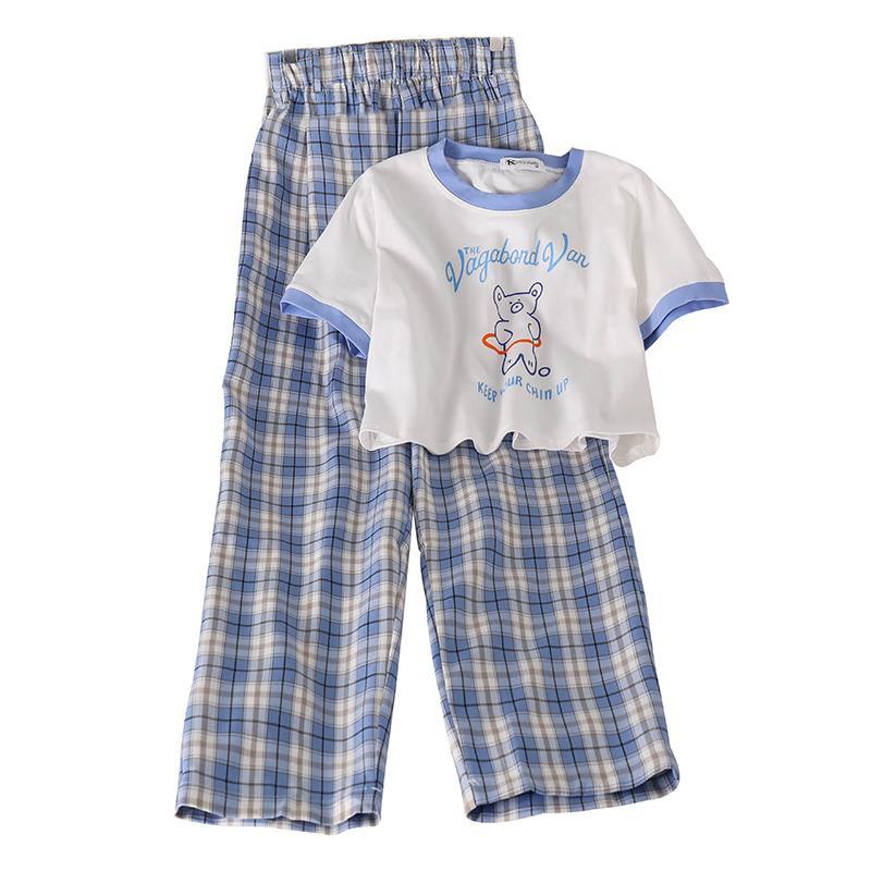 Set Áo Thun Ngắn Tay + Quần Dài Sọc Caro Thời Trang Cho Bé Gái