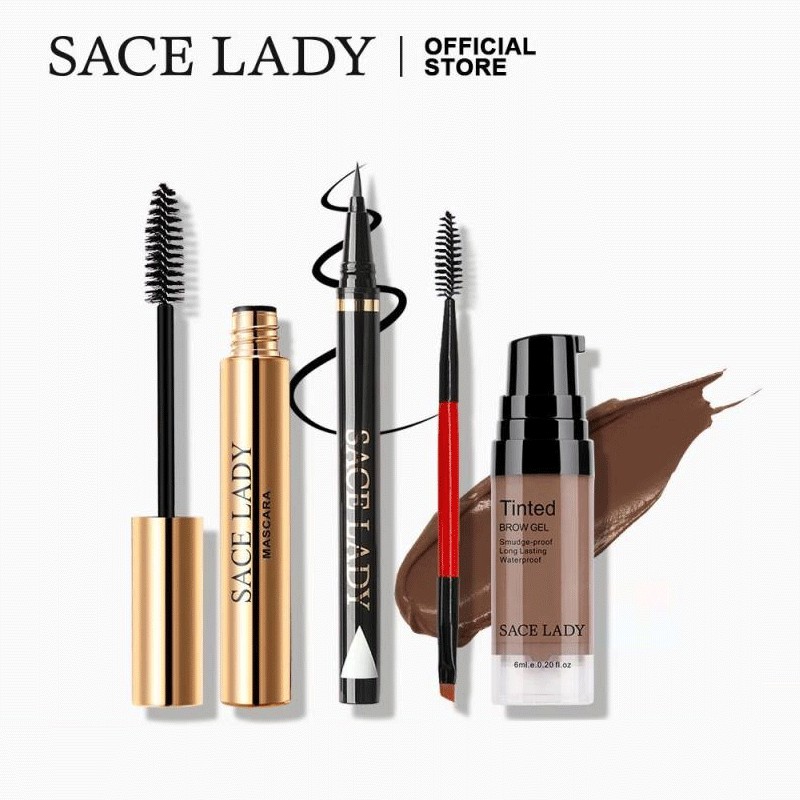 Bộ 4 mỹ phẩm trang điểm mắt SACE LADY gồm bút kẻ mắt + gel lông mày + mascara chống thấm nước kèm cọ