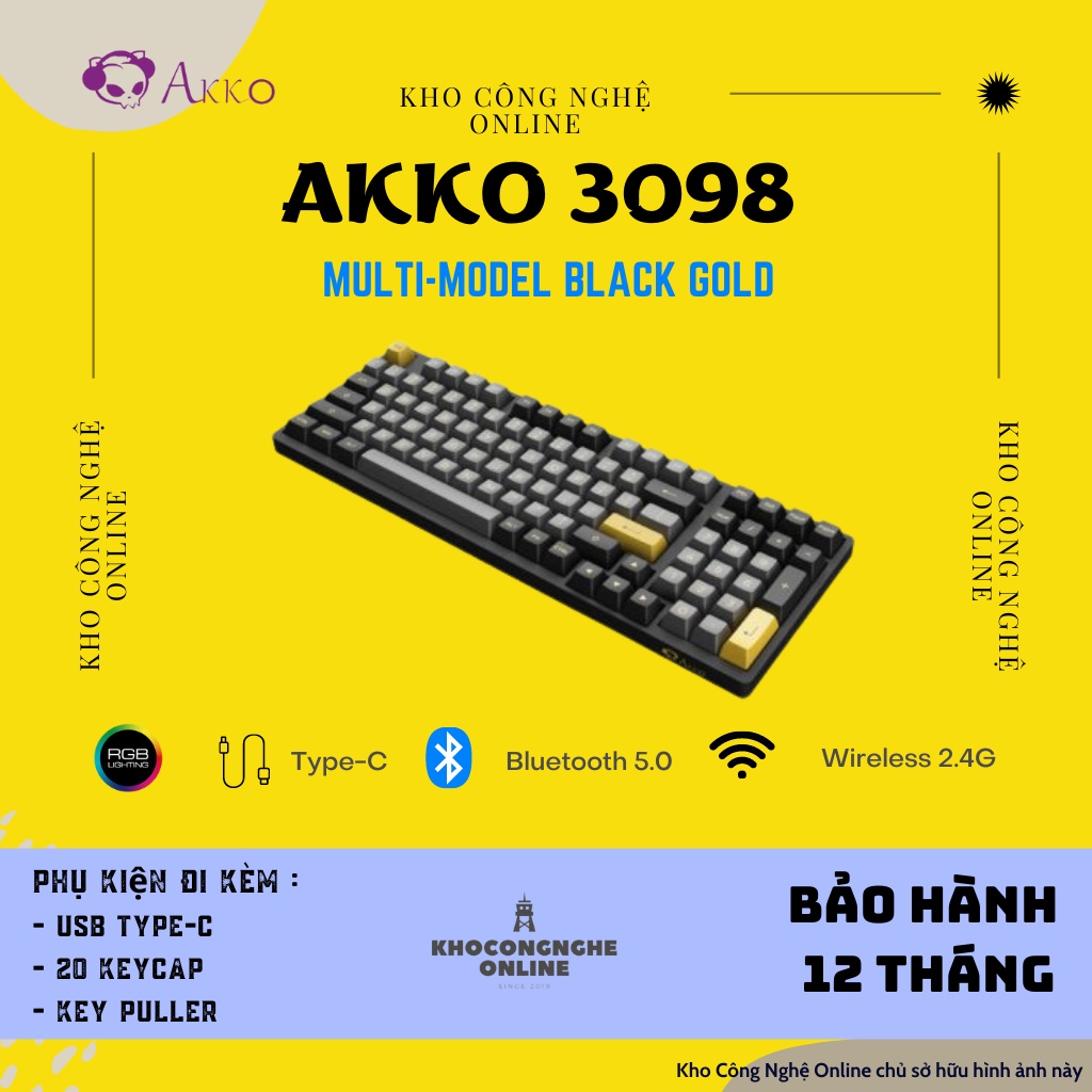 Bàn phím cơ AKKO 3098N Multi-modes Black Gold (Bluetooth / Wireless 2.4G/ Hotswap / Foam tiêu âm / Foam đáy / TTC Switch