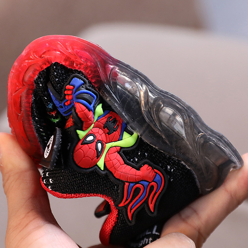 Giày thể thao phối lưới thoáng khí họa tiết người nhện có đèn led thời trang Hàn Quốc cho bé