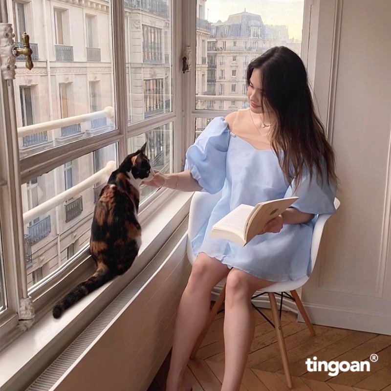 TINGOAN® - Áo trễ vai babydoll phối lưới vân hoa hồng xanh 3 lớp vải tingoan ROSIE ANGLES TOP/BLUE