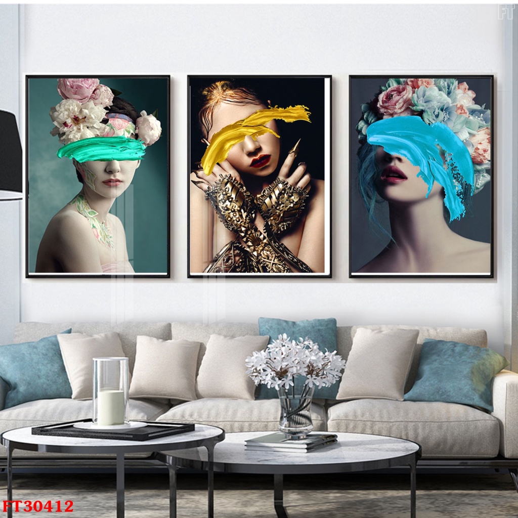 Bộ 3 tranh tráng gương cô gái nghệ thuật hiện đạiCHẤT LƯỢNG CAO tranh treo tường phòng khách, spa thẩm mỹ viện