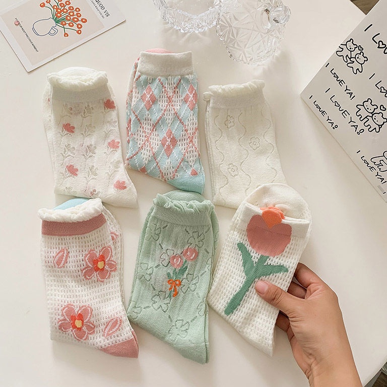 Hàng Có Sẵn Vớ cotton Ba Chiều Lưới Rỗng Mỏng Thoáng Khí Họa Tiết Hoa Nhỏ Màu Đỏ Đáng Yêu Mùa Hè Cho Nữ