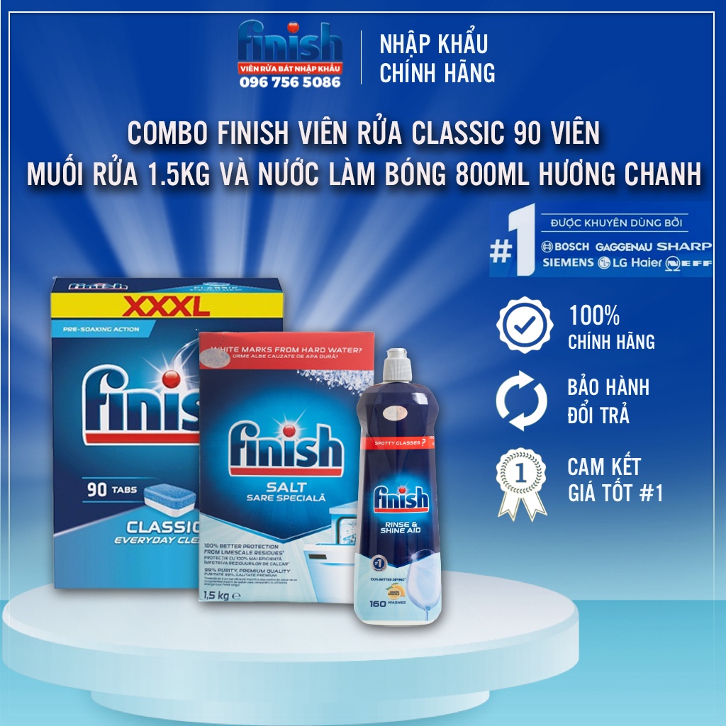 Combo viên rửa bát Finish Classic + muối 1.5 kg + nước bóng 800ml chanh - nhập khẩu EU, an toàn, sạch sâu