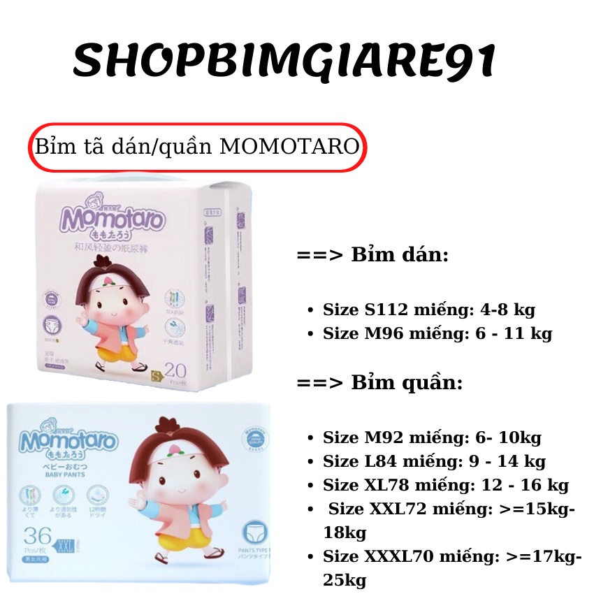 Bỉm tã dán/quần MOMOTARO S112/M96/M92/L84/XL78/XXL72/XXXL70