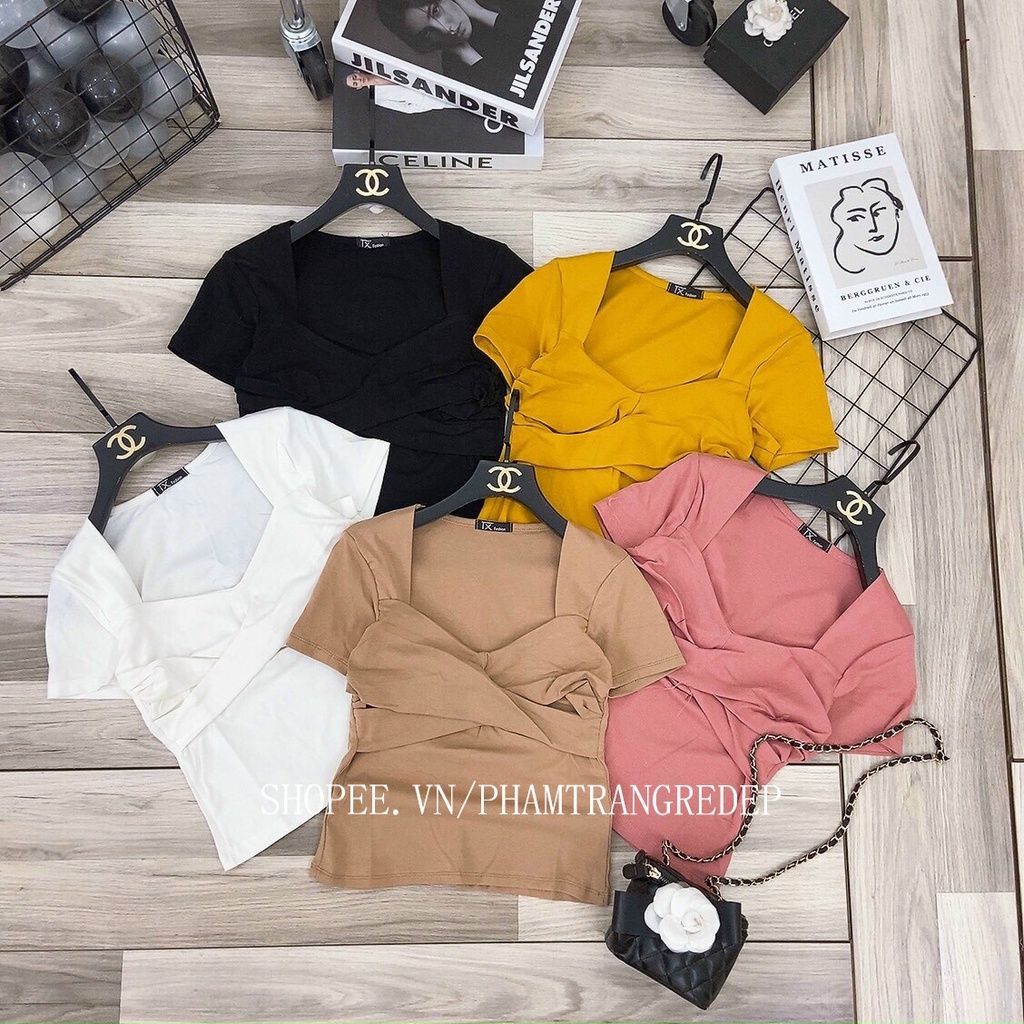 Áo kiểu tay ngắn cổ vuông xoắn ngực trơn cực xinh , chất thun bozip mềm mịn AT008 - phamtrangredep shop