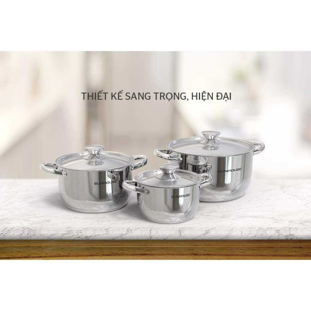 Bộ 3 nồi inox 3 đáy Sunhouse SHG302 (new model 10.2021) 16cm/20cm/24cm - Sử dụng mọi loại bếp !