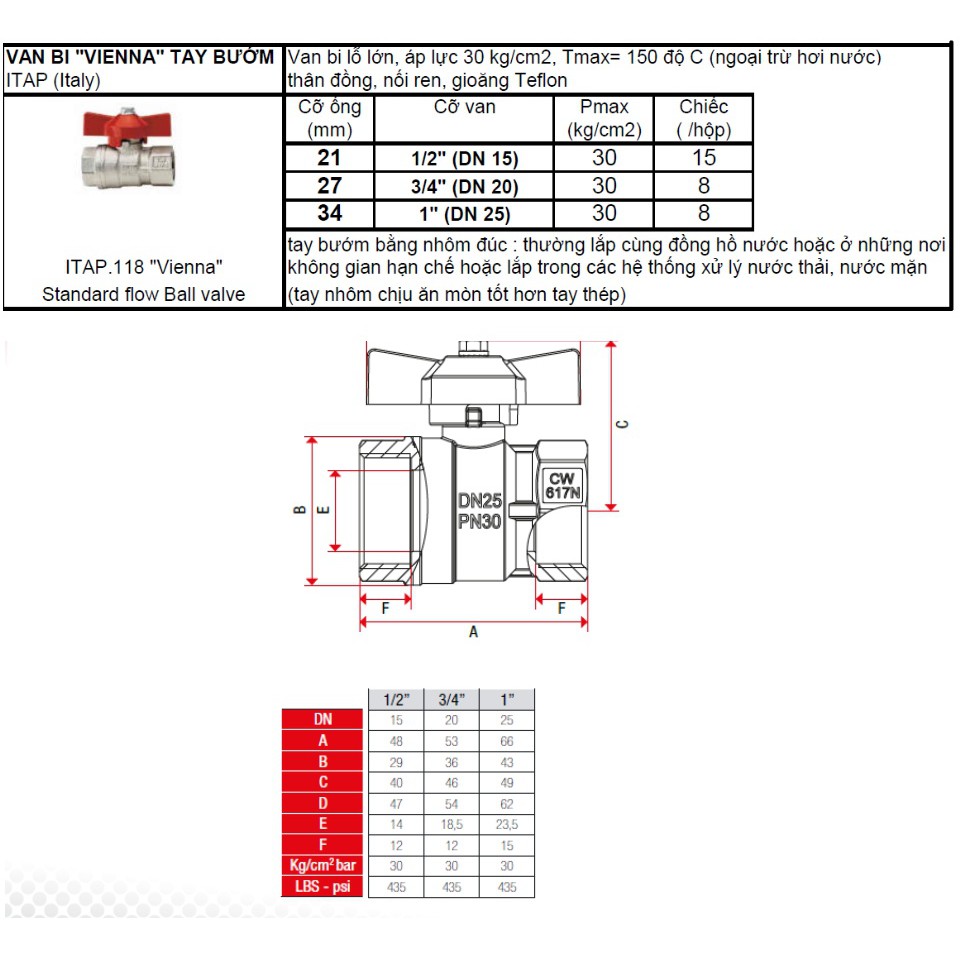 Van bi tay bướm đồng ren Itap.118 Italy áp lực 30kg phi 21 phi 27 phi 34