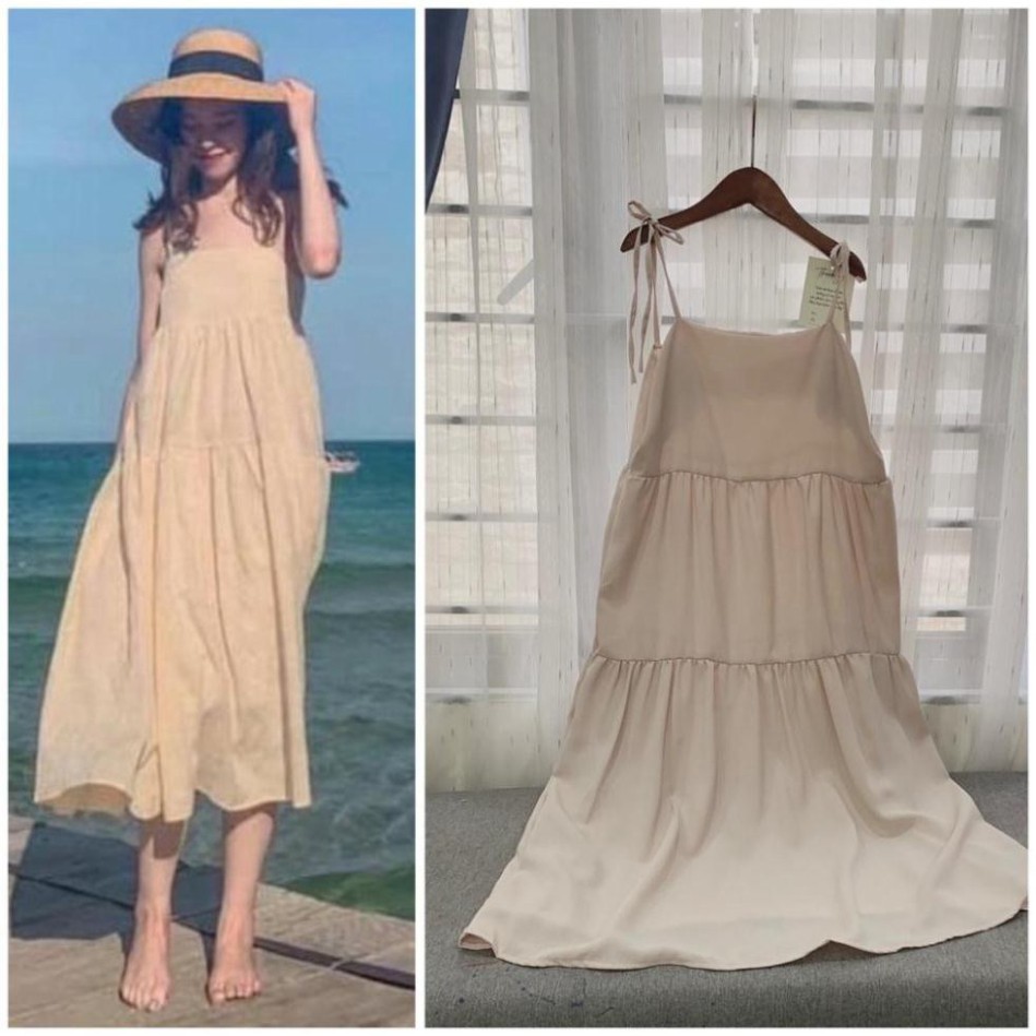 Đầm váy hai dây voan tơ buộc vai đen kem sữa váy thiết kế đầm Maxi Banamo Fashion váy hai dây buộc nơ xinh 597