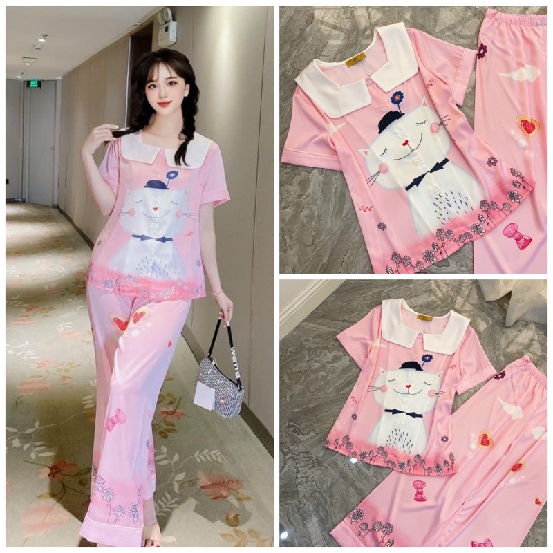 BỘ PIJAMA LỤA DÀI TAY NGẮN QUẢNG CHÂU CAO CẤP CLC HỌA TIẾT ĐỎ-TRẮNG