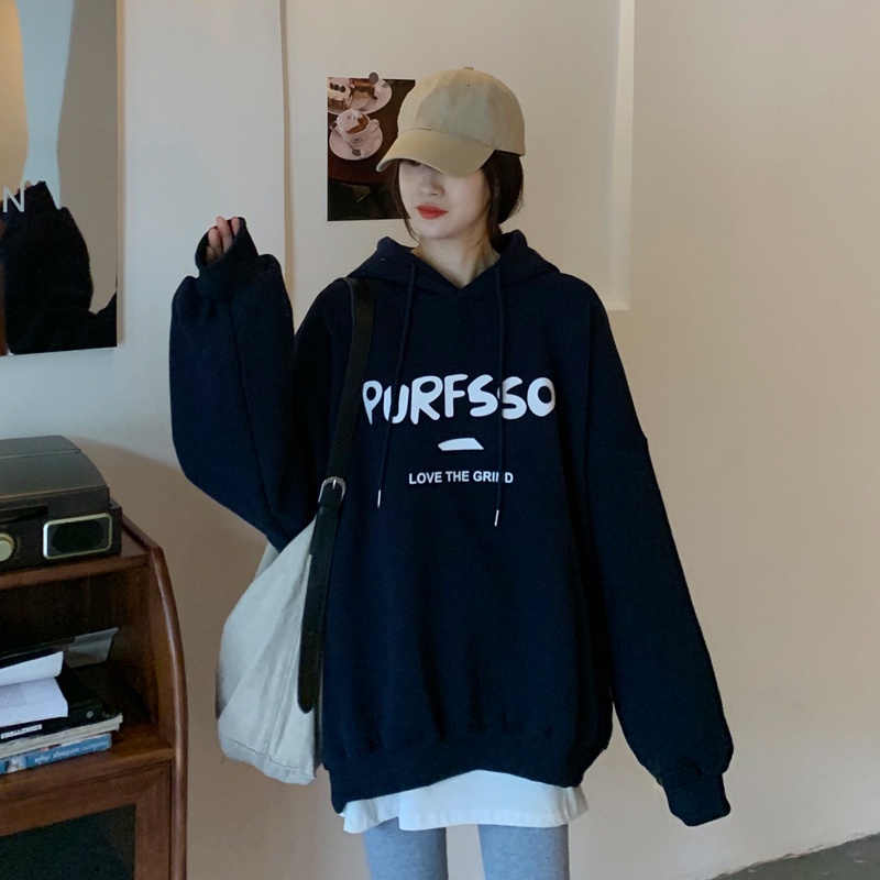 Áo sweater tay dài dáng rộng in chữ kiểu Hàn Quốc dễ phối đồ