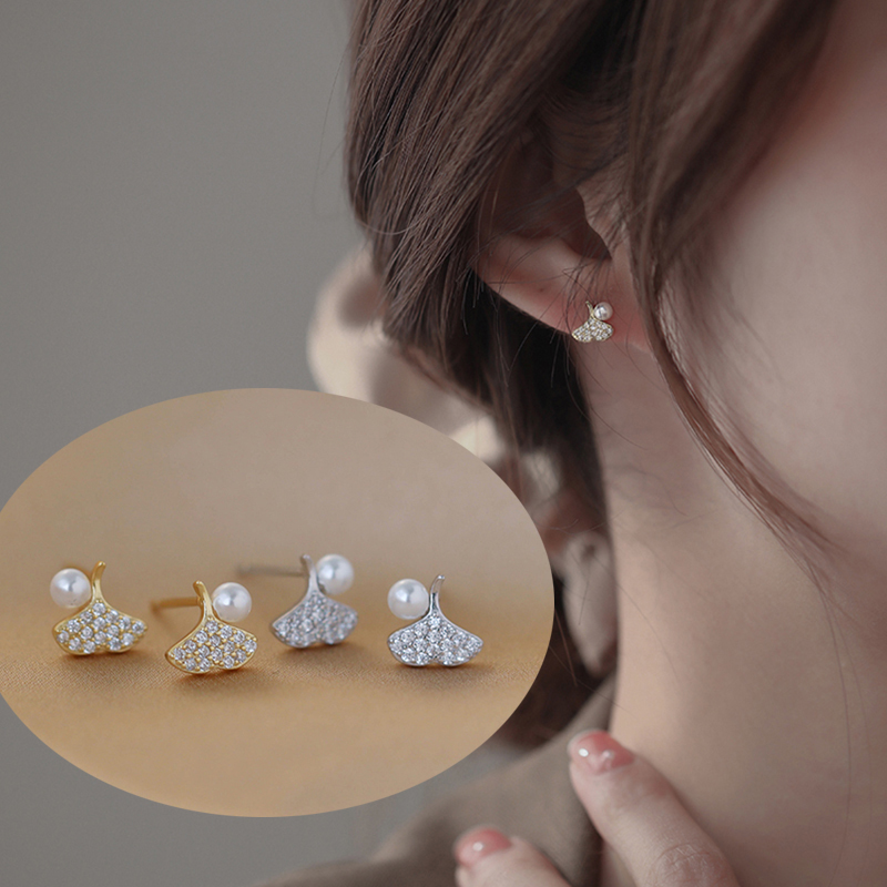 Bông Tai Ngọc Trai Elegant Ginkgo Biloba Crystal Pearl Earrings Stud Shinning Leaves Zircon Party Earring Women Girl Gift Jewelry