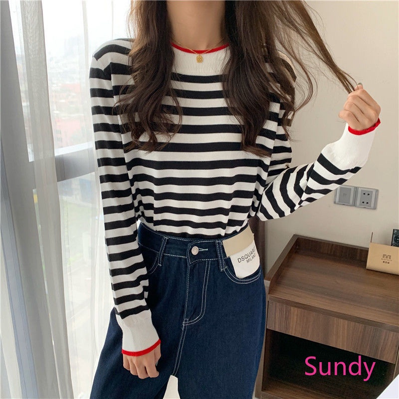 Áo Dệt Kim Dáng Rộng Kẻ Sọc Kiểu Hàn Quốc Thời Trang Mùa Thu Cho Nữ